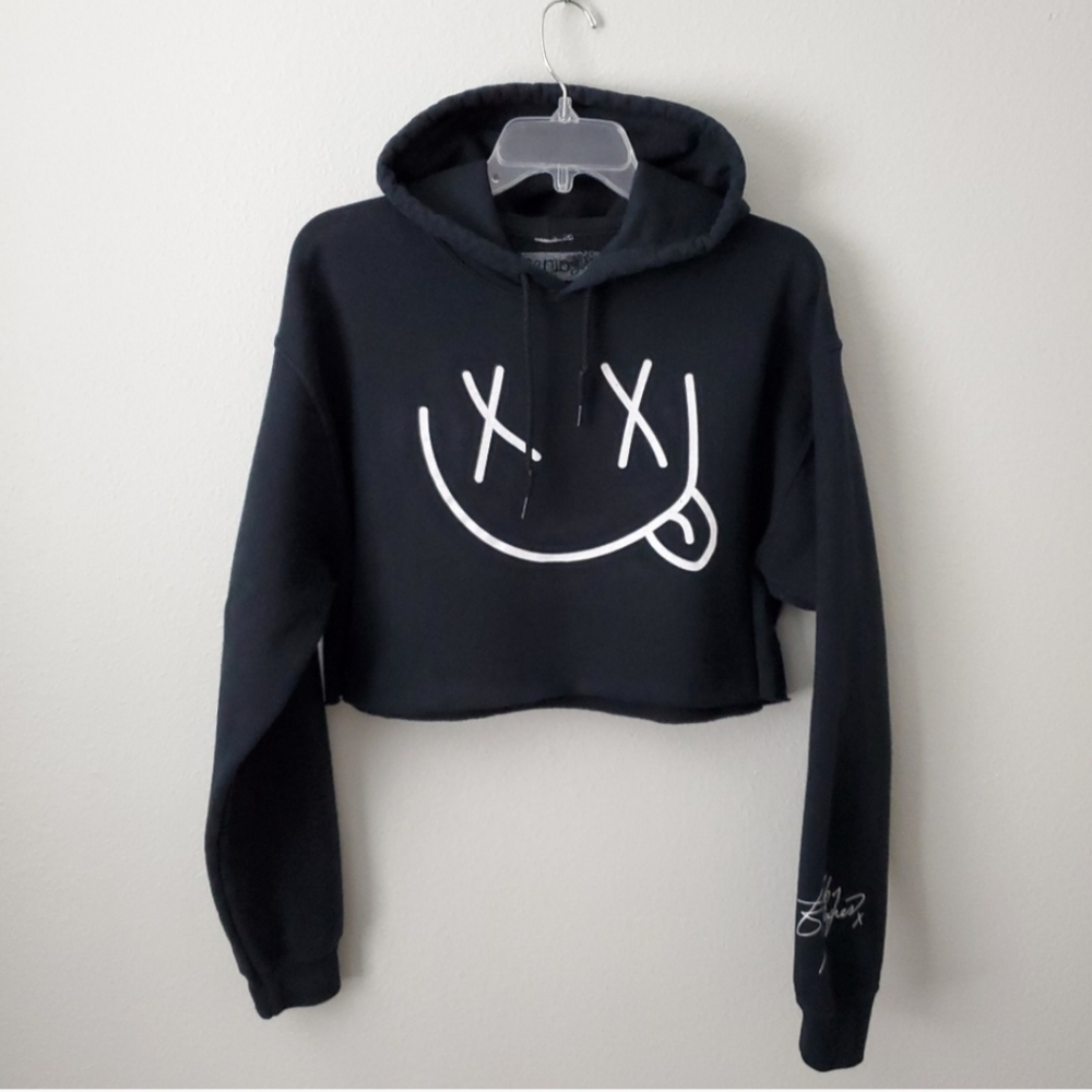 Fanjoy Bobby Mares Black Cropped Graphic Hoodie With White Smile Logo, Medium